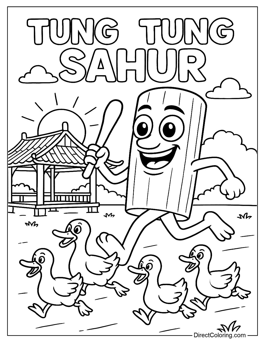 a coloring page of Sahur chasing a flock of ducks causing chaos in the communal house yard at dawn